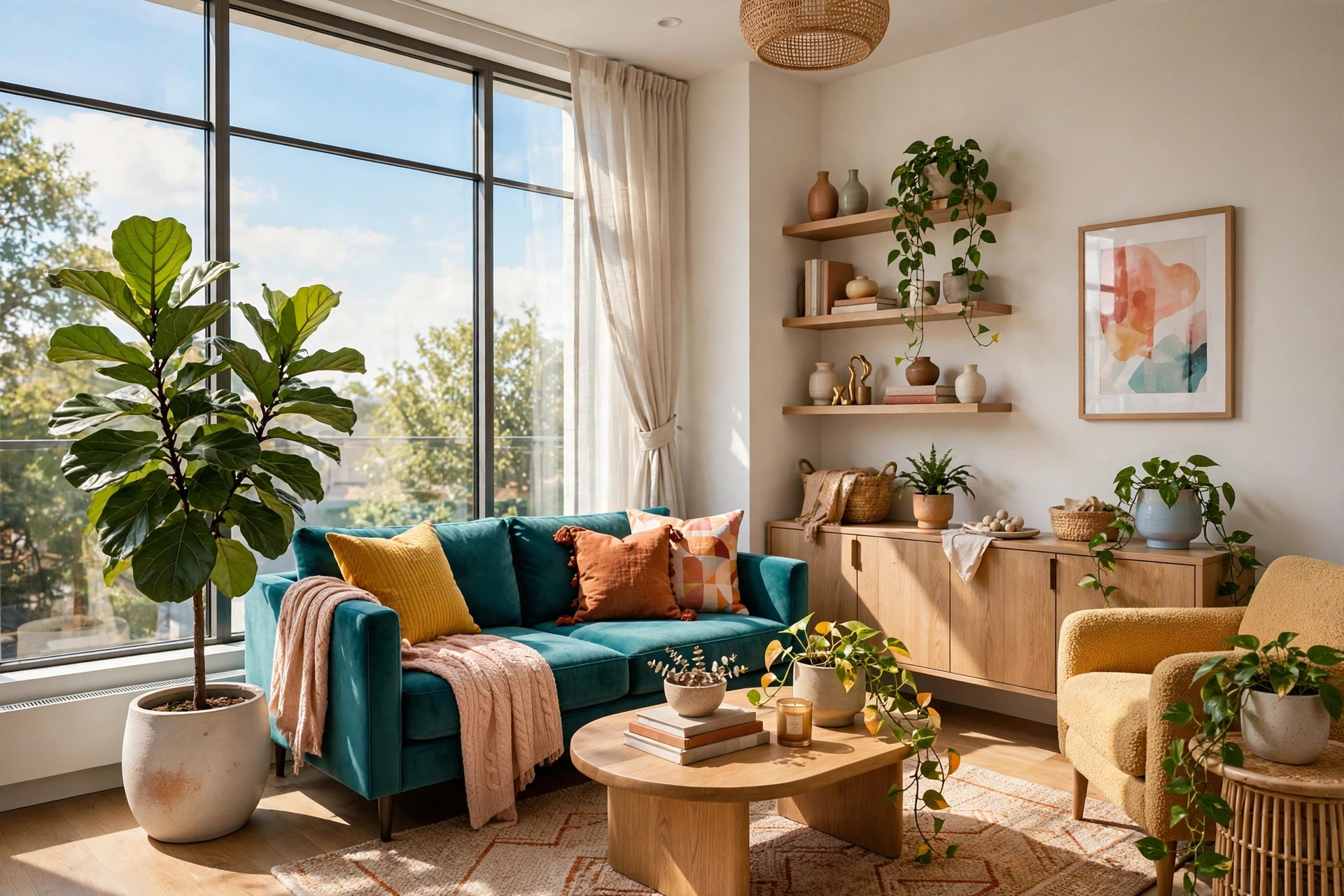 Sunny apartment corner with large fiddle-leaf fig tree and trailing pothos in ceramic planters