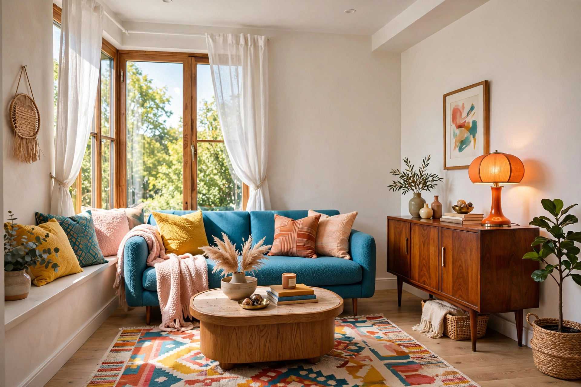 Small living room mixing modern sofa with vintage mid-century sideboard and retro table lamp