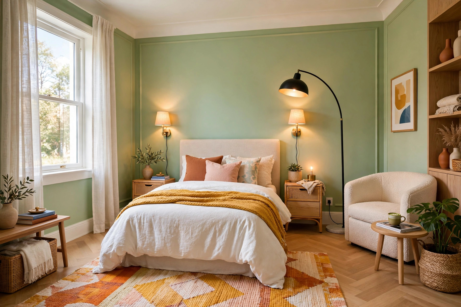 Cozy small bedroom with arc floor lamp, plug-in wall sconces and warm layered lighting