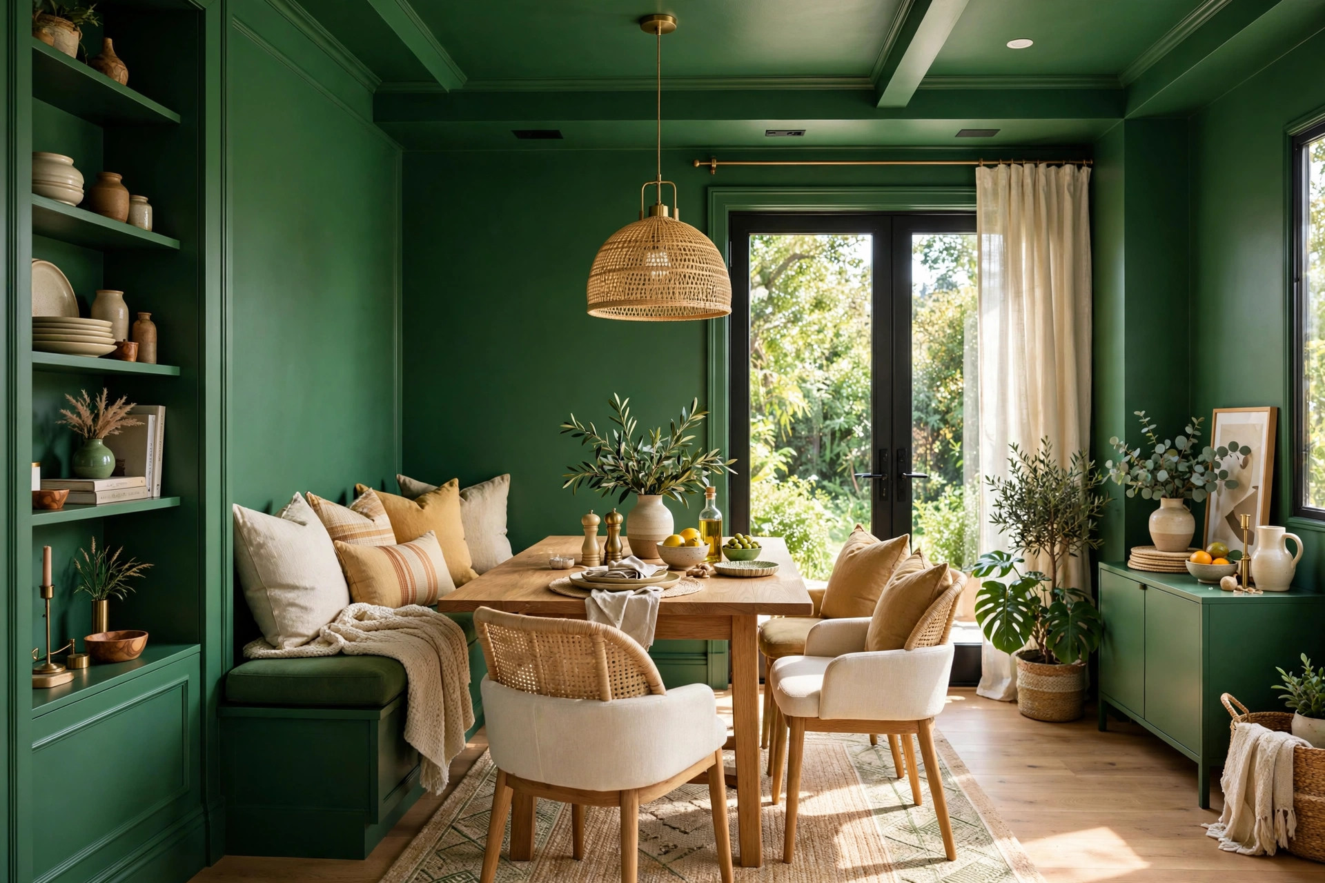 Small dining nook with deep green color-drenched walls, trim and ceiling with wood table