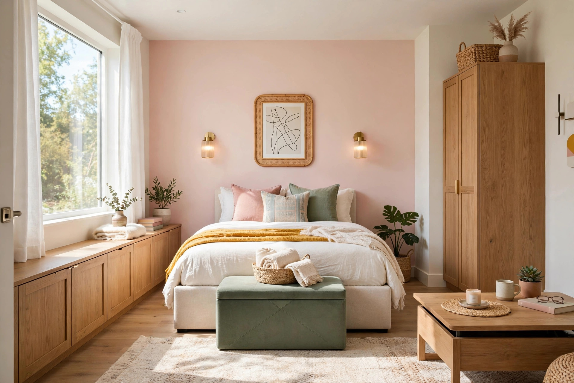 Tidy small bedroom with storage ottoman, lift-top coffee table and hidden closed storage