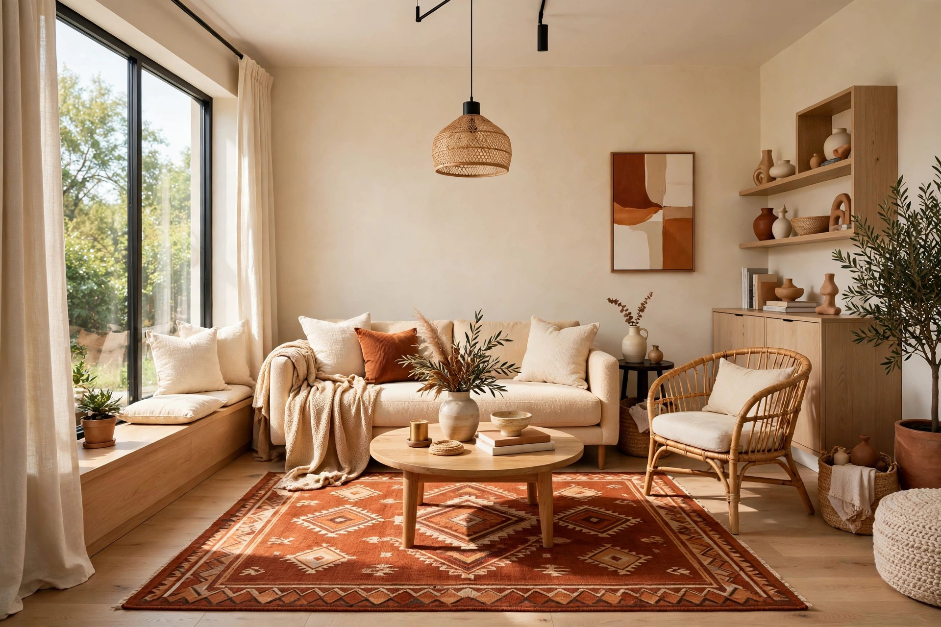 Warm-toned small living room with camel throw, rust rug and cream pillows replacing gray decor