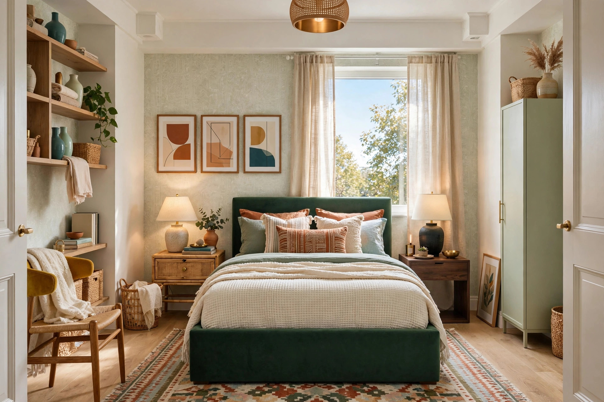 Small bedroom with curated mixed furniture styles instead of a matching furniture set
