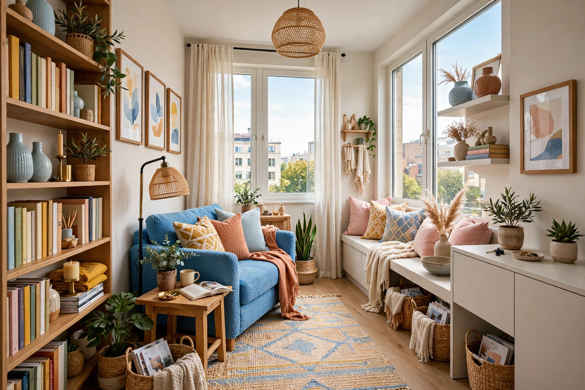 Cozy small apartment reading corner with wall art, books and personal layered decor