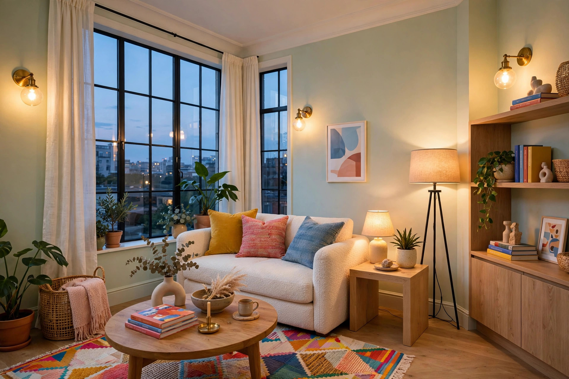 Small living room at dusk with layered floor lamp, table lamp and sconce lighting, warm glow