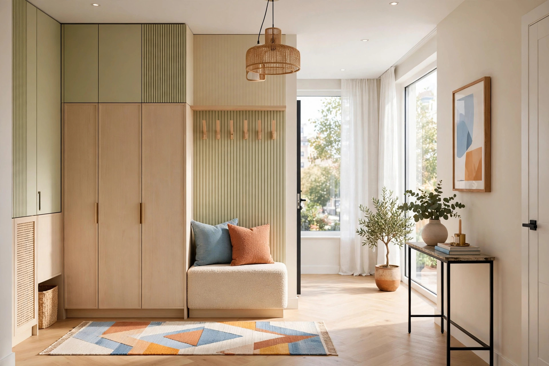 Organized small entryway with closed storage cabinet hiding clutter, tidy and calm