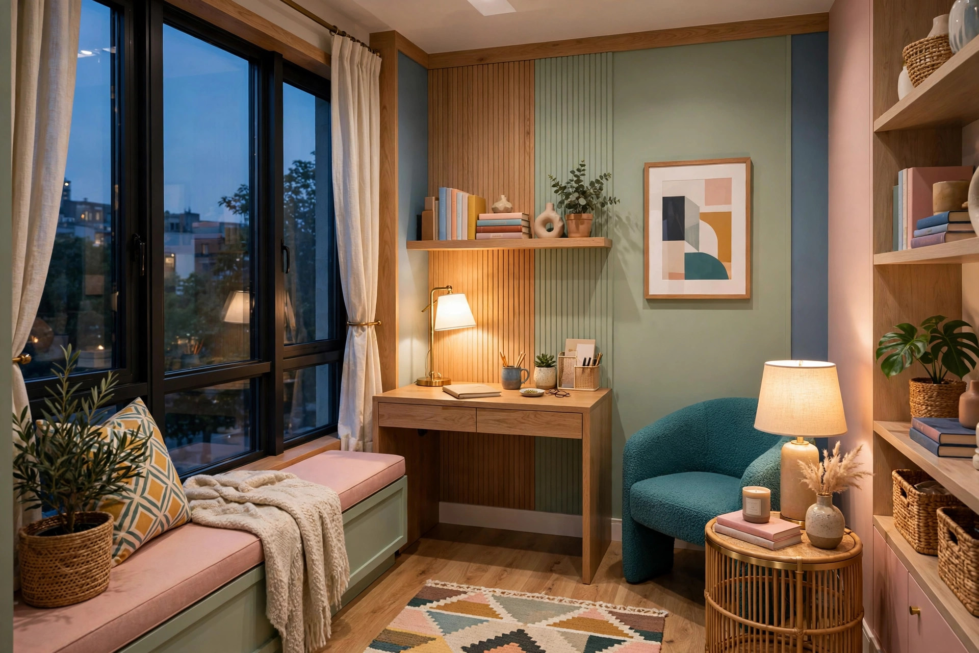 Small home office nook lit by warm 2700K desk and table lamps in the evening