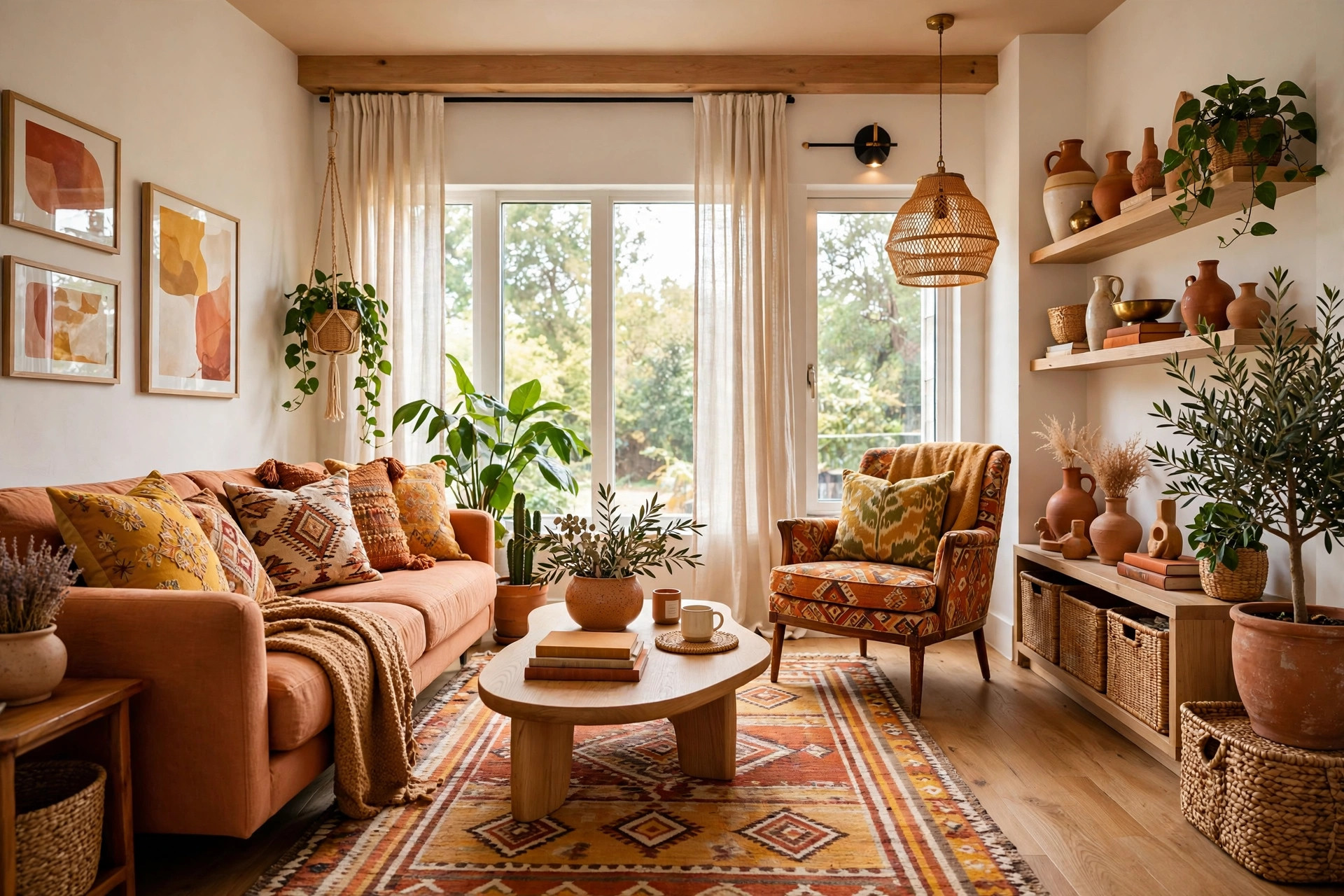 Eclectic small living room mixing modern, vintage and global textile pieces in one palette