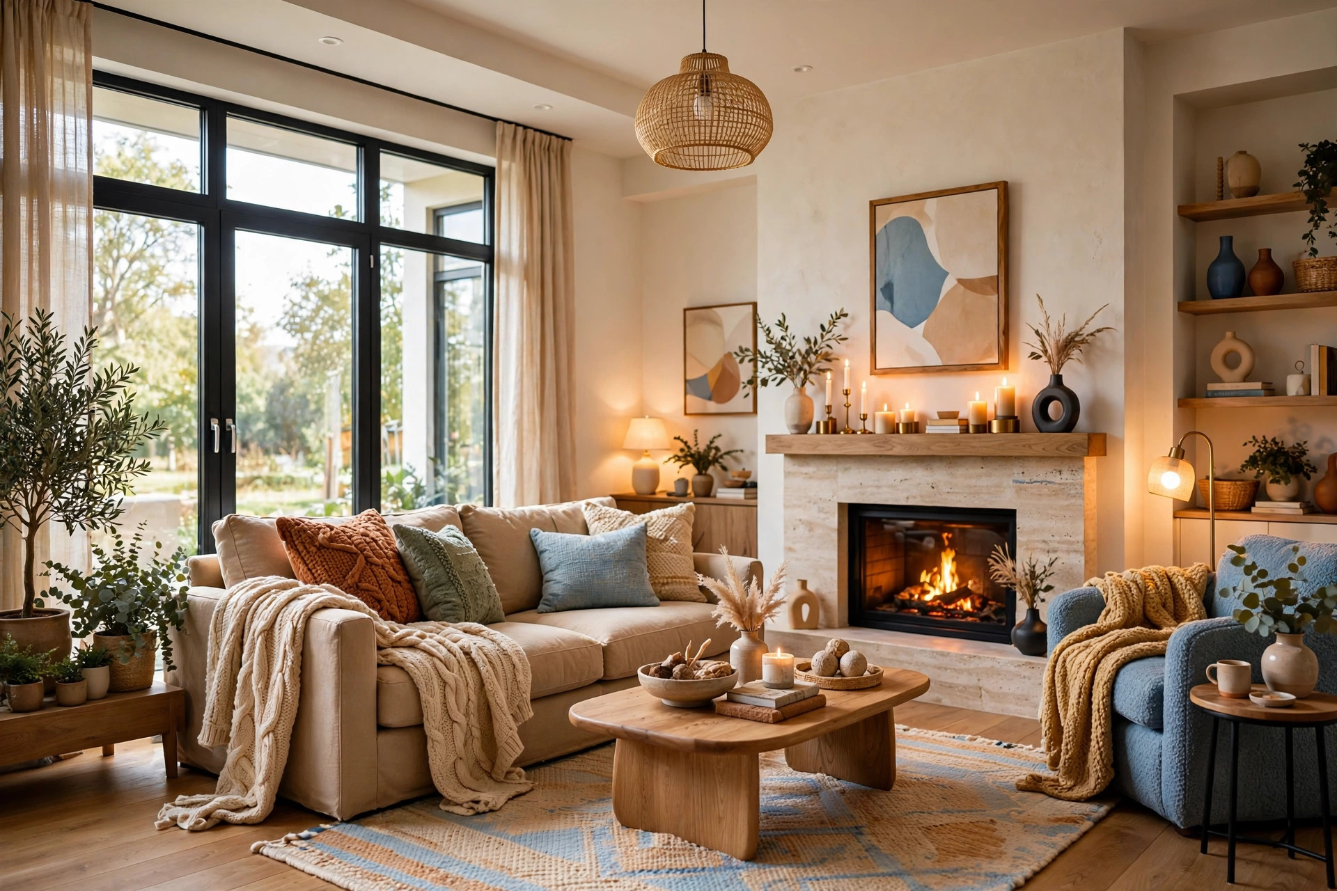 Warm, inviting living room glowing with layered lamplight, deep-seated sofa with chunky knit throws and textured pillows, fireplace mantel with candles