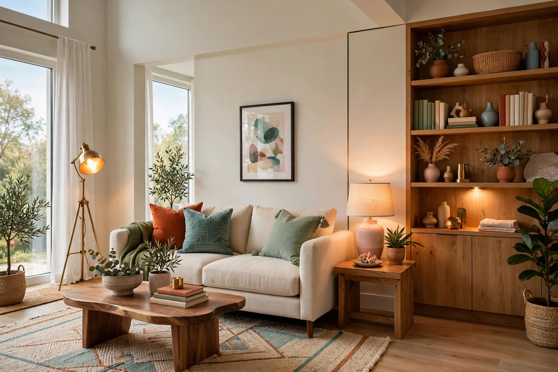 Cozy living room lit in three layers: brass floor lamp in corner, warm table lamp beside sofa, small glowing accent light on wooden shelf