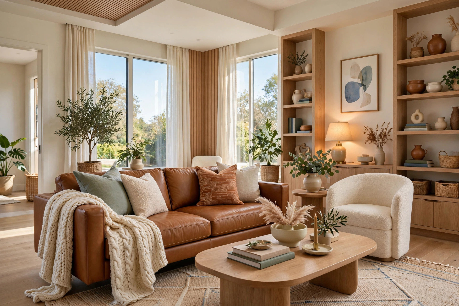 Cream chunky knit throw draped over the arm of a caramel leather sofa within easy reach, warm lamplight in background