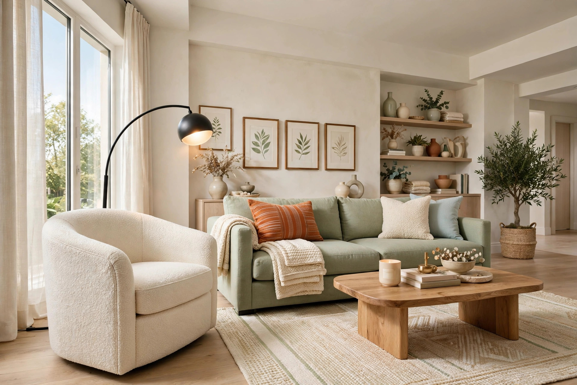 Cream bouclé barrel armchair angled toward sofa with lumbar pillow and folded throw, arc floor lamp glowing over its shoulder