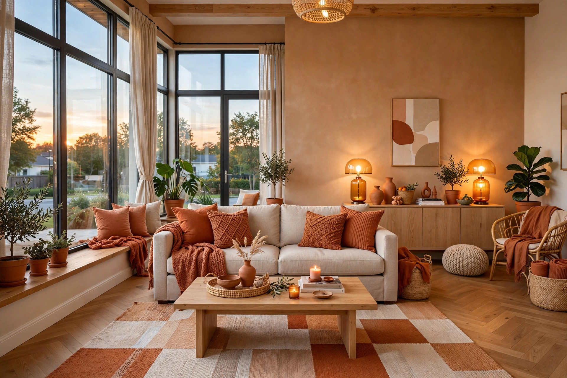 Living room with warm caramel painted walls, oatmeal sofa, amber lamp bases, and terracotta textiles glowing in evening light