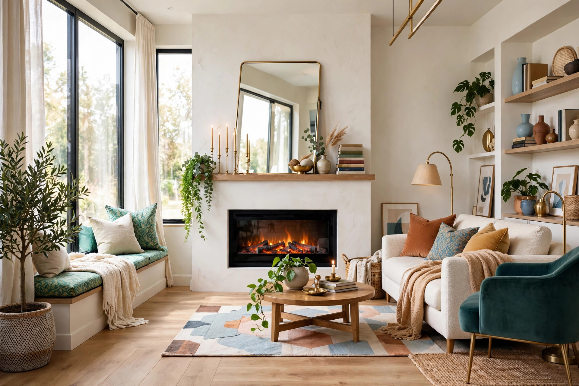 Styled fireplace mantel with leaning mirror, brass taper candles, stacked books and trailing plant, electric fire glowing below