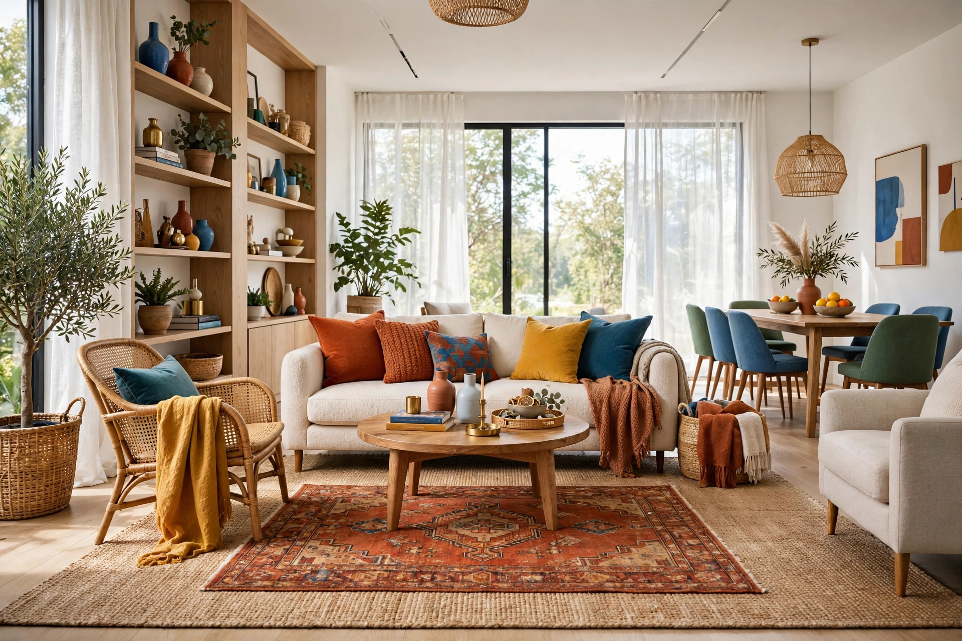 Layered rugs in a seating area: natural jute flat-weave base with smaller rust vintage-style wool rug centered on top