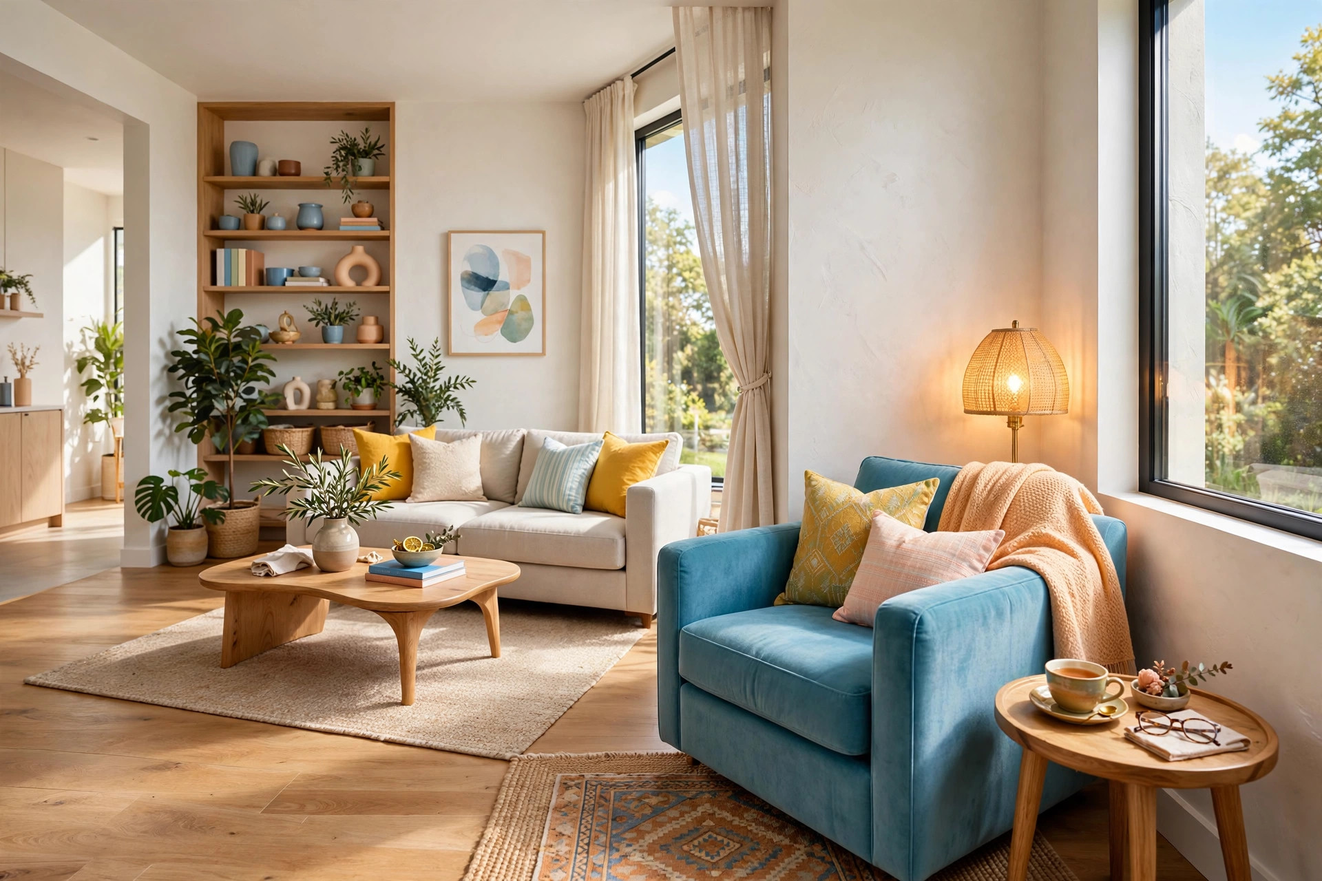 Snug reading nook in a living room corner: comfortable armchair angled inward, warm floor lamp, small side table with tea cup, small rug