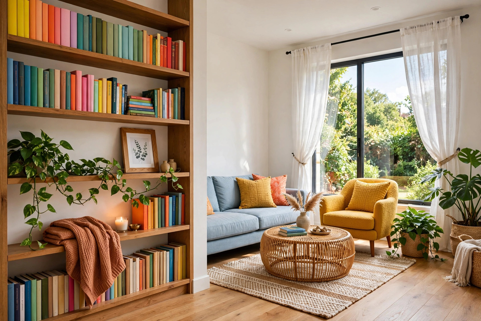 Warmly styled bookshelf with books, folded throw draped over one shelf, framed photo, candle and trailing pothos plant