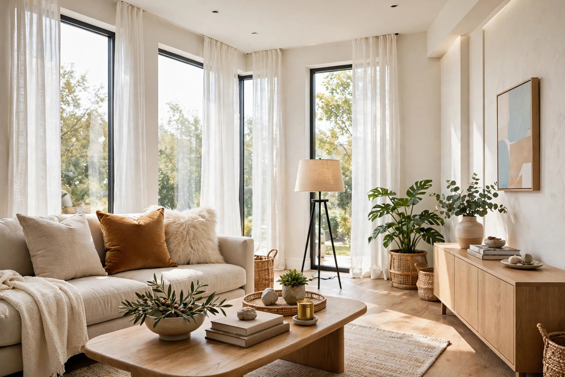 Sofa dressed in mixed textured pillows: linen, caramel velvet and cream faux fur, karate-chopped velvet cushions