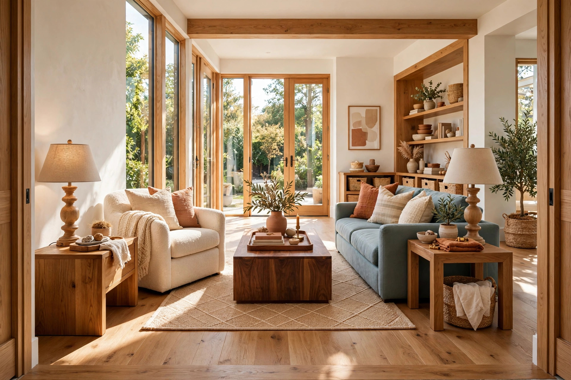Living room with warm wood tones: walnut coffee table, honey oak side tables, turned-wood lamp base, wooden tray