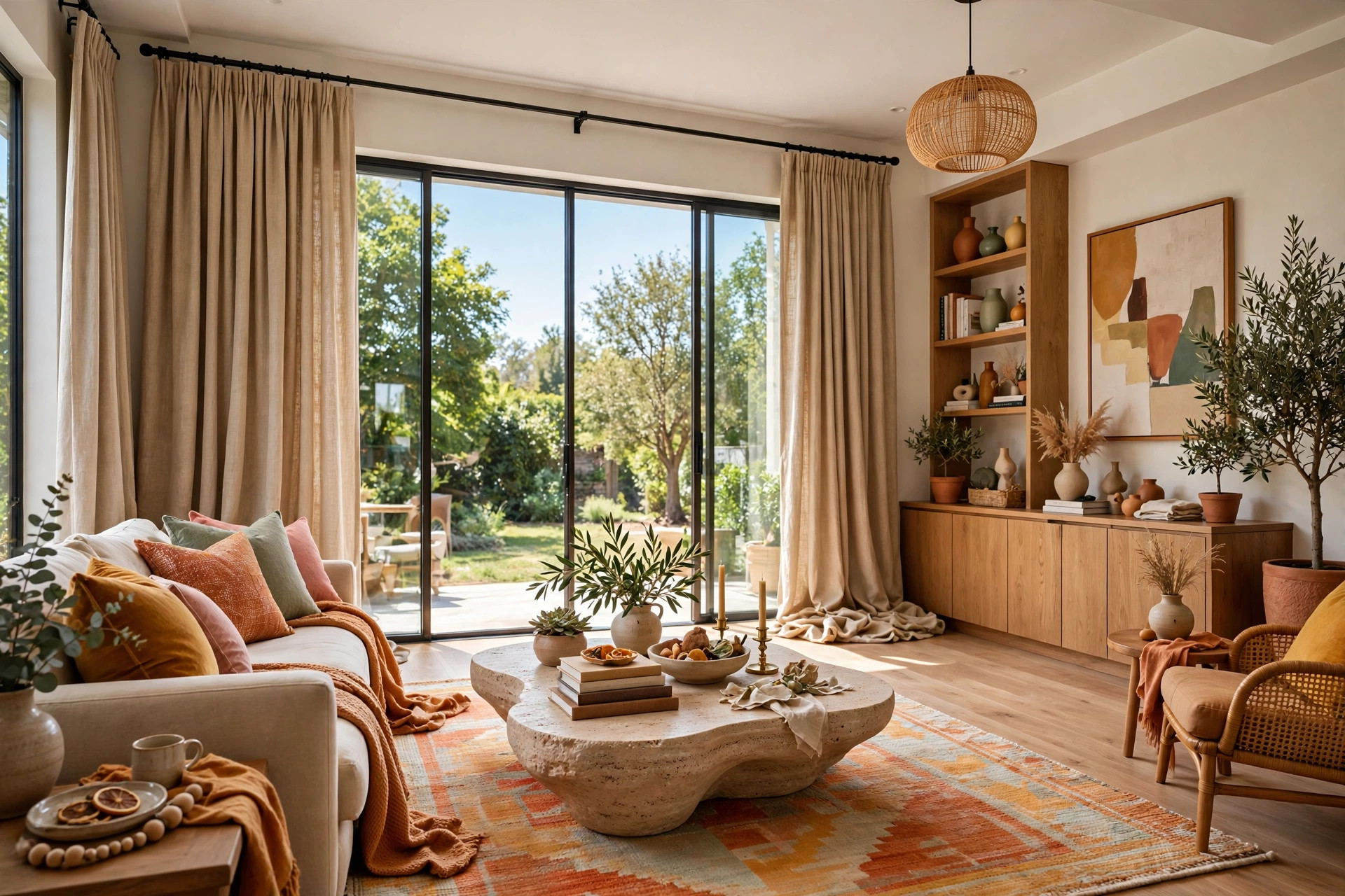 Floor-to-ceiling linen curtains hung high and wide on a dark rod, warm fabric pooling softly, full window glass exposed