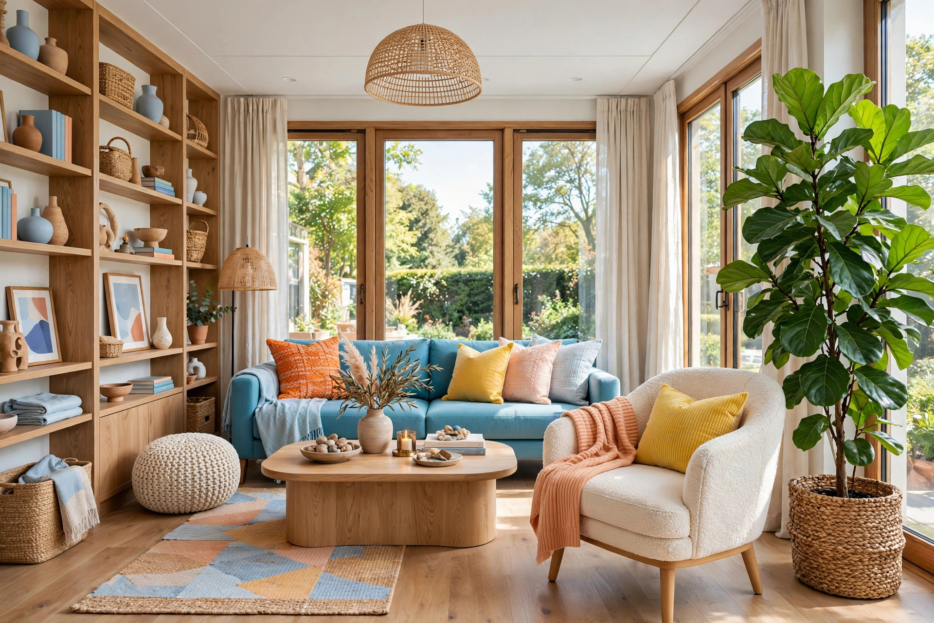 Tall fiddle-leaf fig in woven seagrass basket filling an empty living room corner beside the reading chair