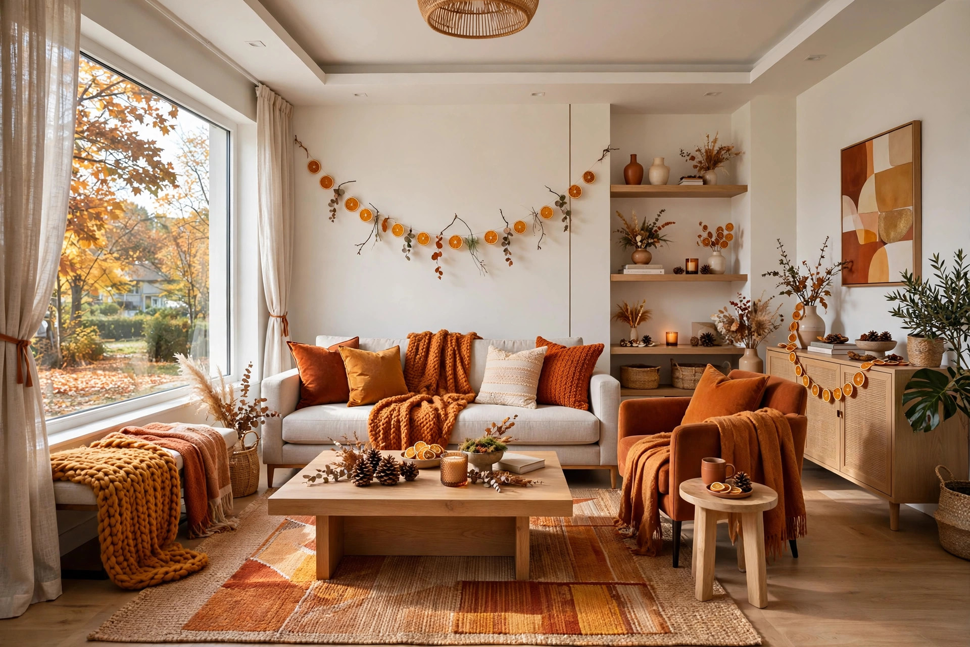 Autumn-styled living room: rust and amber throw pillows, dried orange slice garland, pinecones on coffee table, warm throws