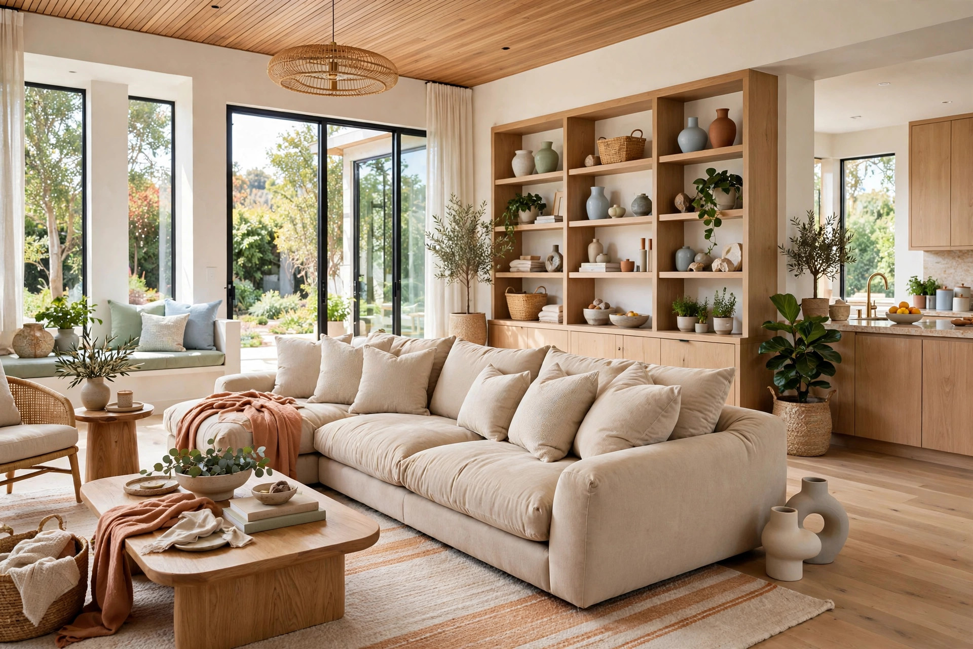 Deep-seated sink-in sofa with low back, plush down-wrapped cushions in warm oatmeal performance fabric, feet-tucked lounging