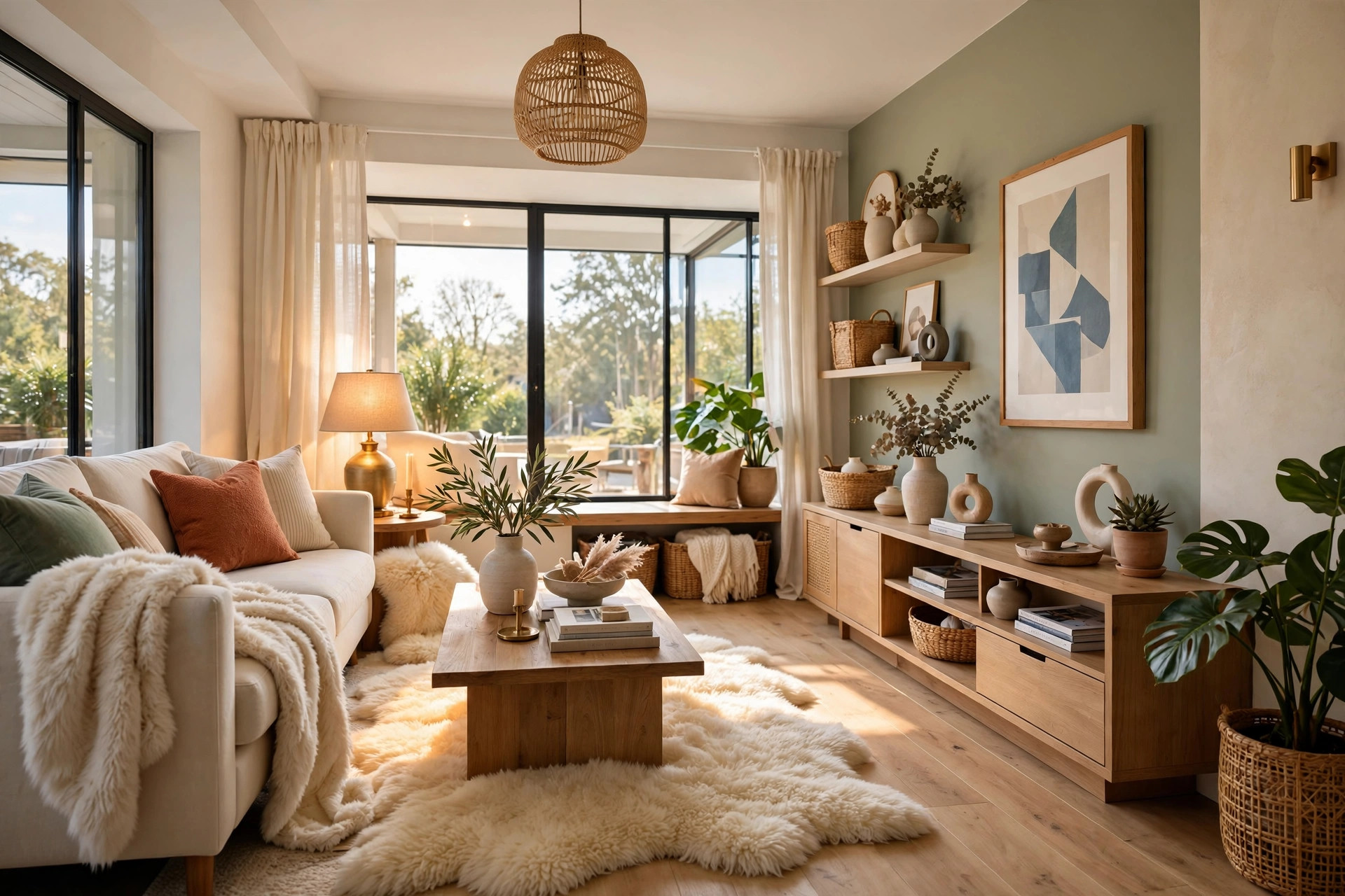 Cream faux-fur throw casually draped over sofa arm and sheepskin rug beside the seating area glowing in lamplight