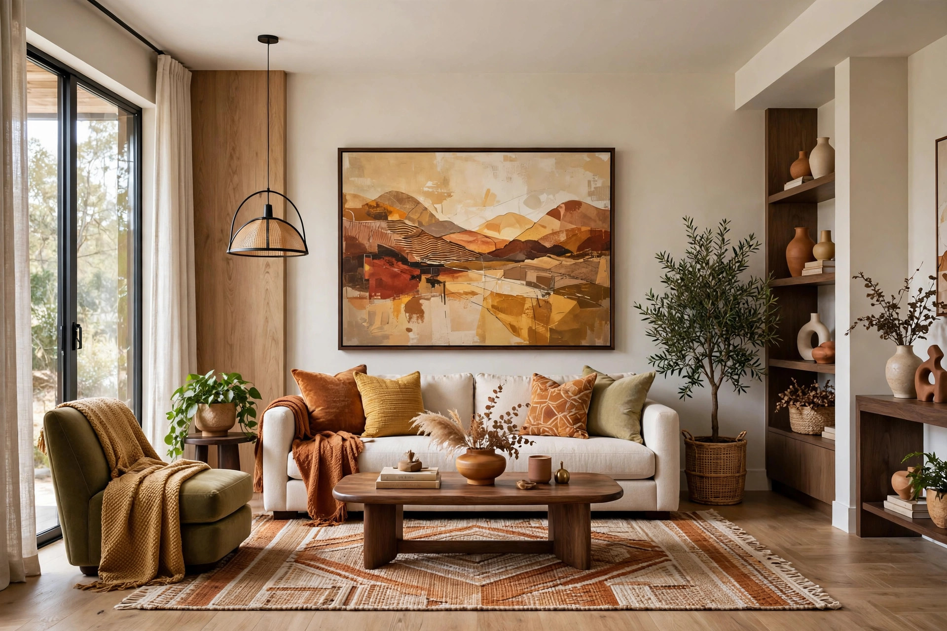 Large warm-toned abstract landscape painting in ochre and rust above sofa, dark wood frame, centered at eye level
