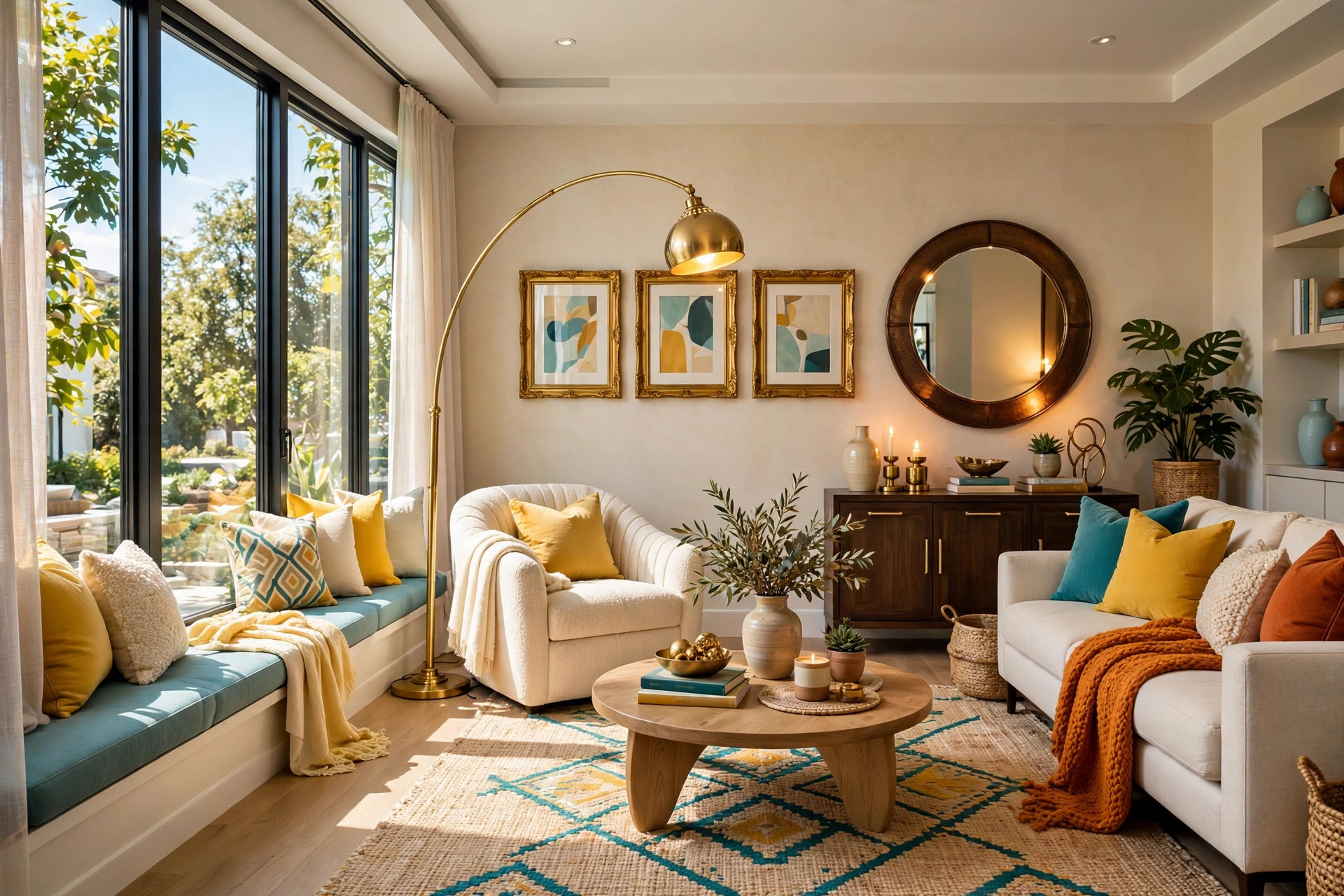 Brass floor lamp arcing over reading chair, gold picture frames and bronze mirror edge catching warm lamplight