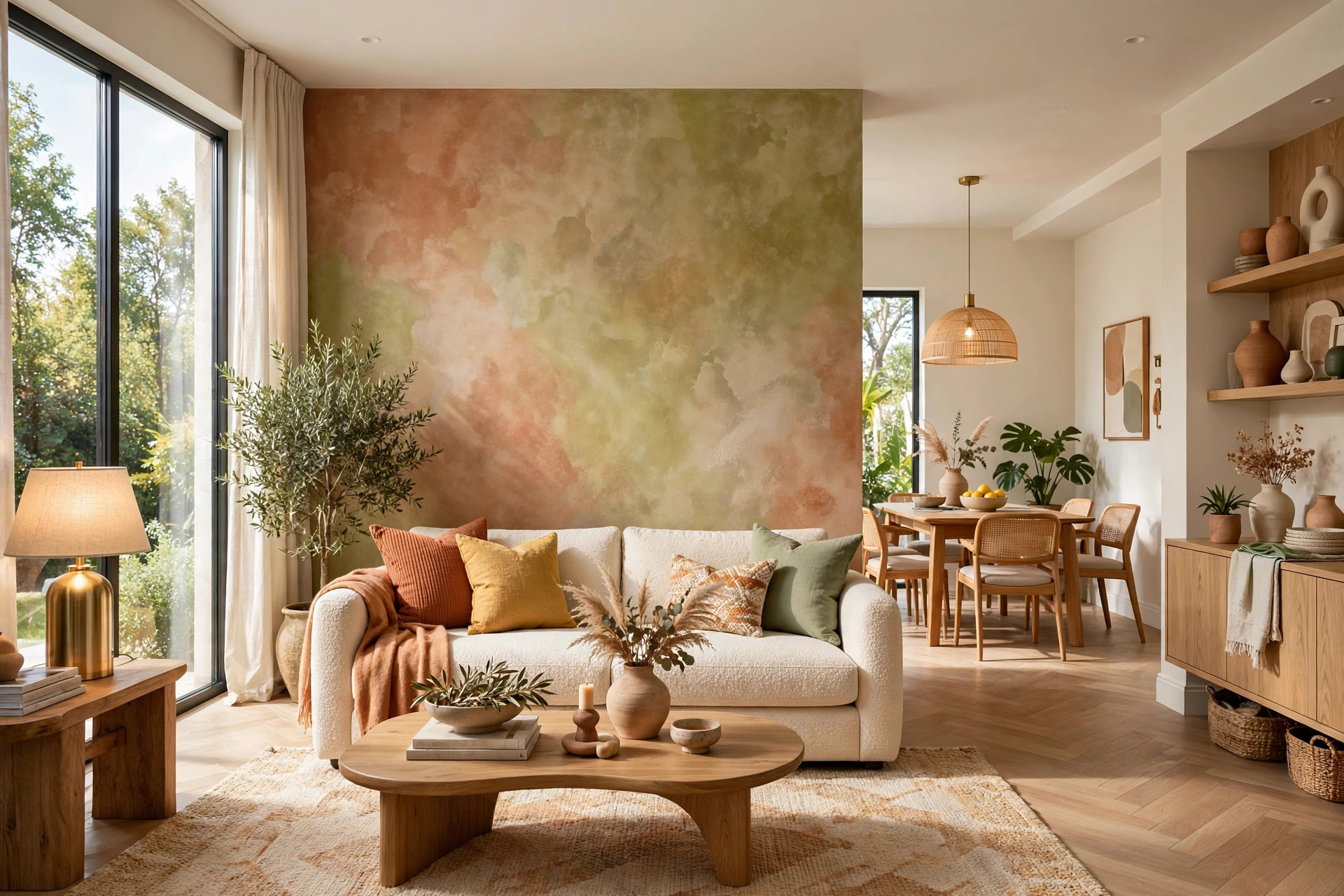 Feature wall with cloudy limewash finish in warm clay tone behind sofa, soft mottled texture shifting in lamplight