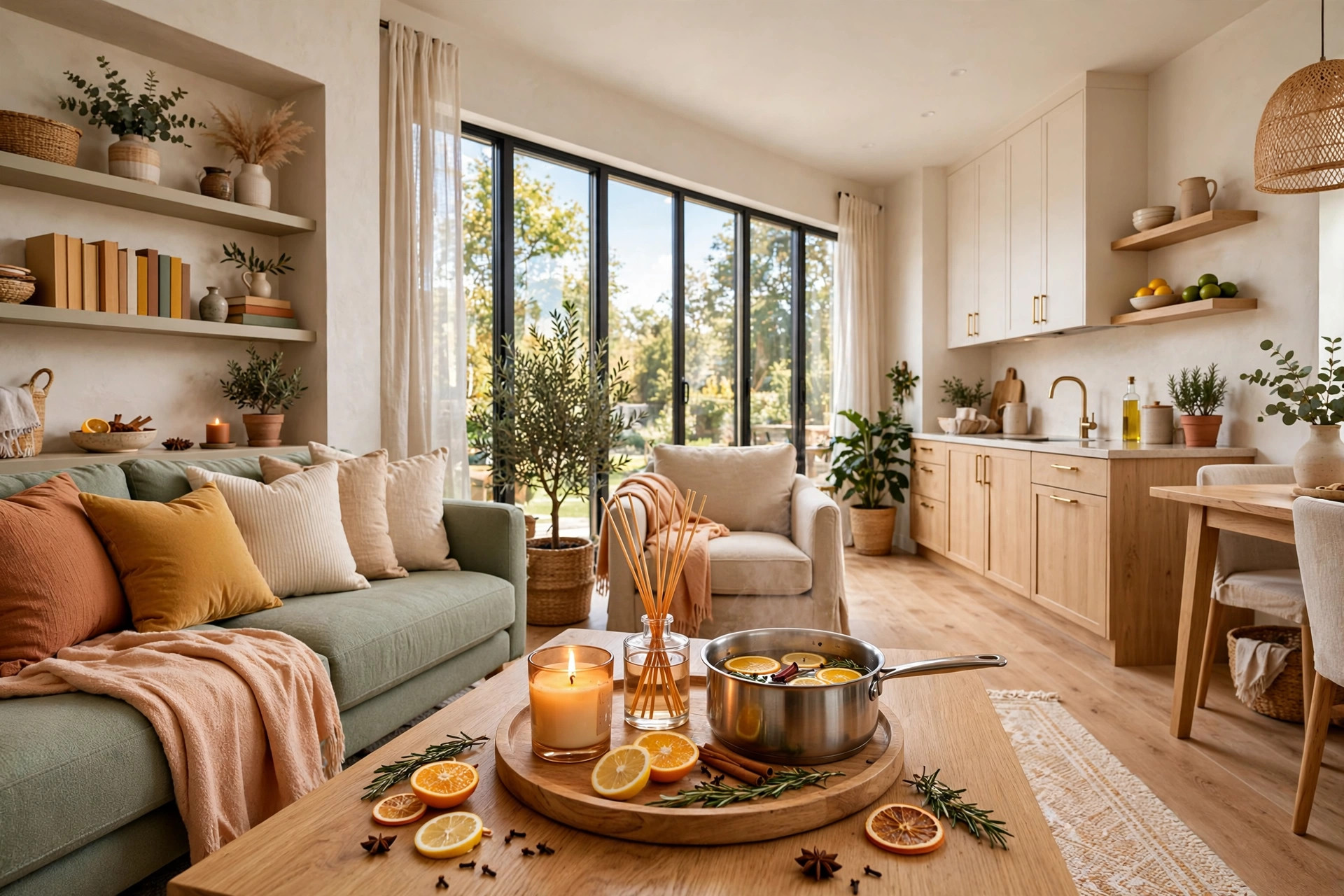 Warm scent layering scene: lit vanilla-amber candle beside simmer pot of citrus and cloves on stove, reed diffuser in corner
