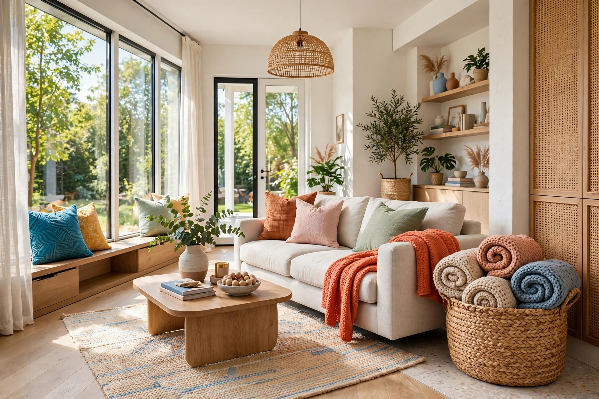 Large woven seagrass basket beside sofa holding rolled chunky knit throws, rattan texture adding warmth to the corner