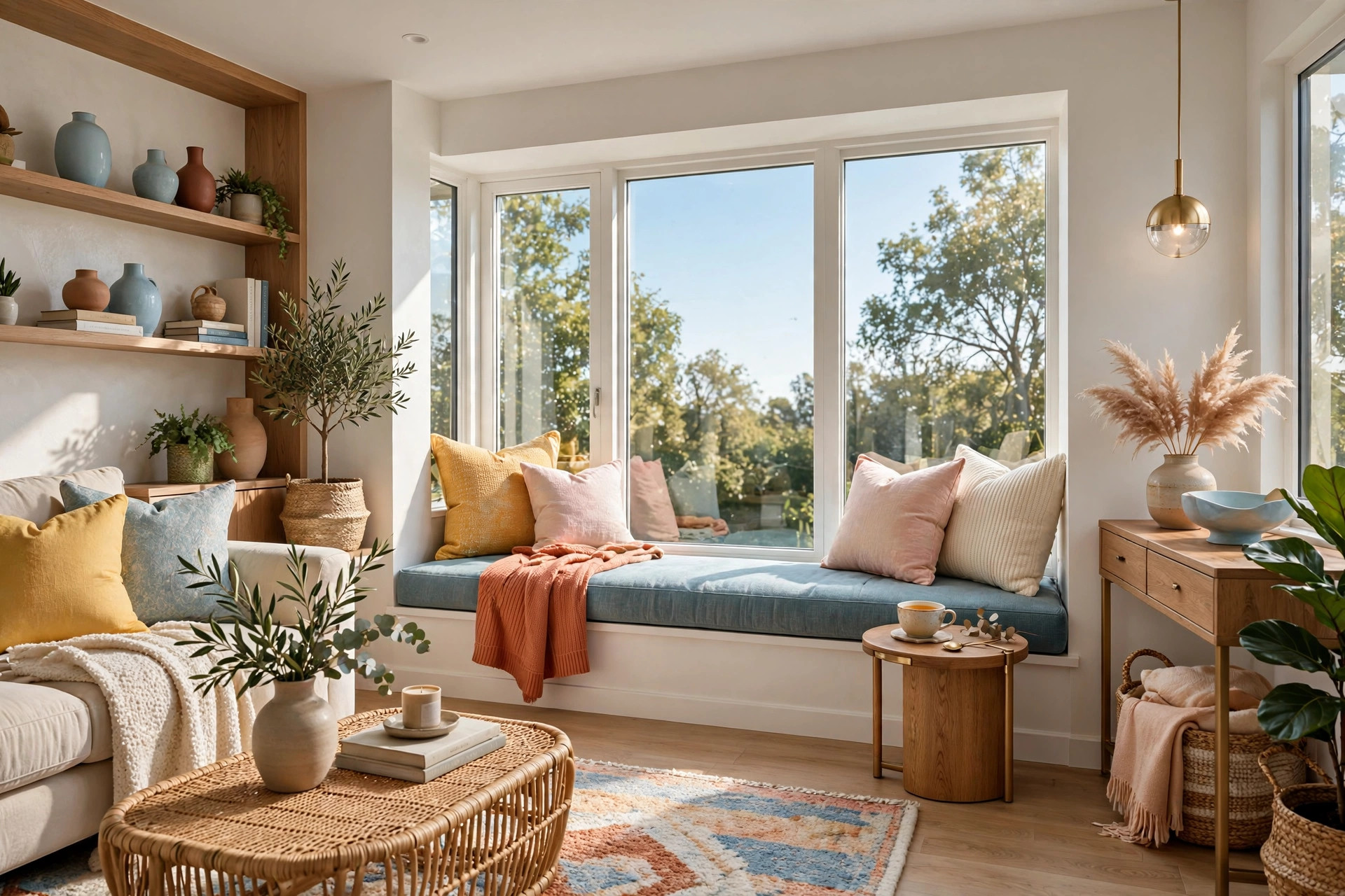Window-seat moment: deep sill with custom cushion, pillows against glass, folded throw, small side table with tea cup