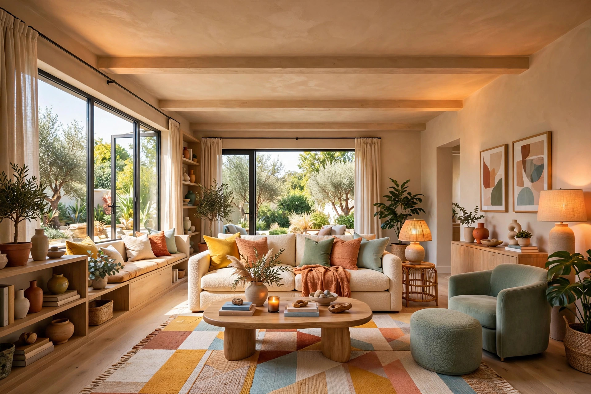 Living room with warm putty-painted ceiling bouncing amber lamplight down, faint faux wood beams over seating area