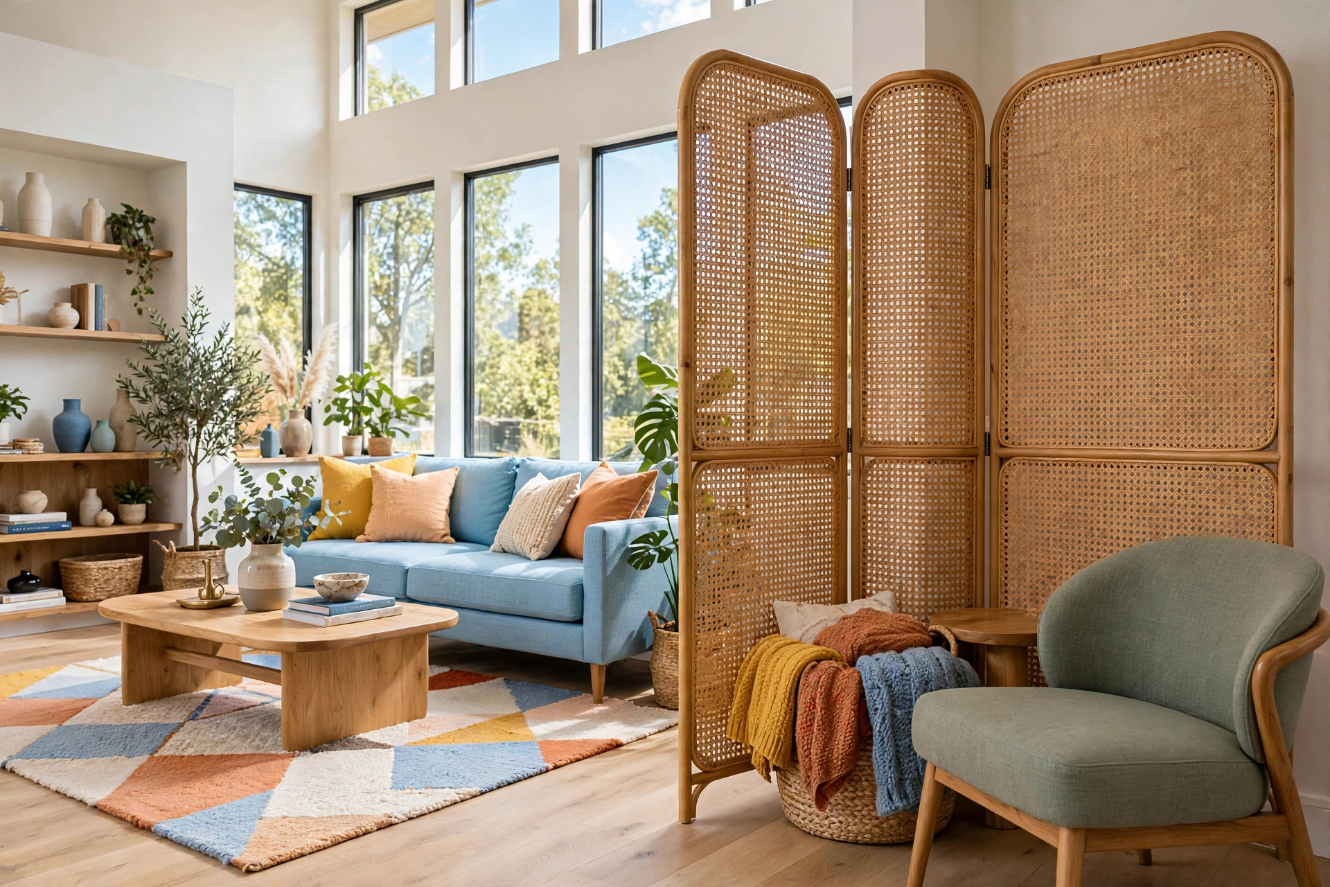 Cane-webbing folding screen creating a snug corner nook with reading chair, small lamp and basket of throws behind it