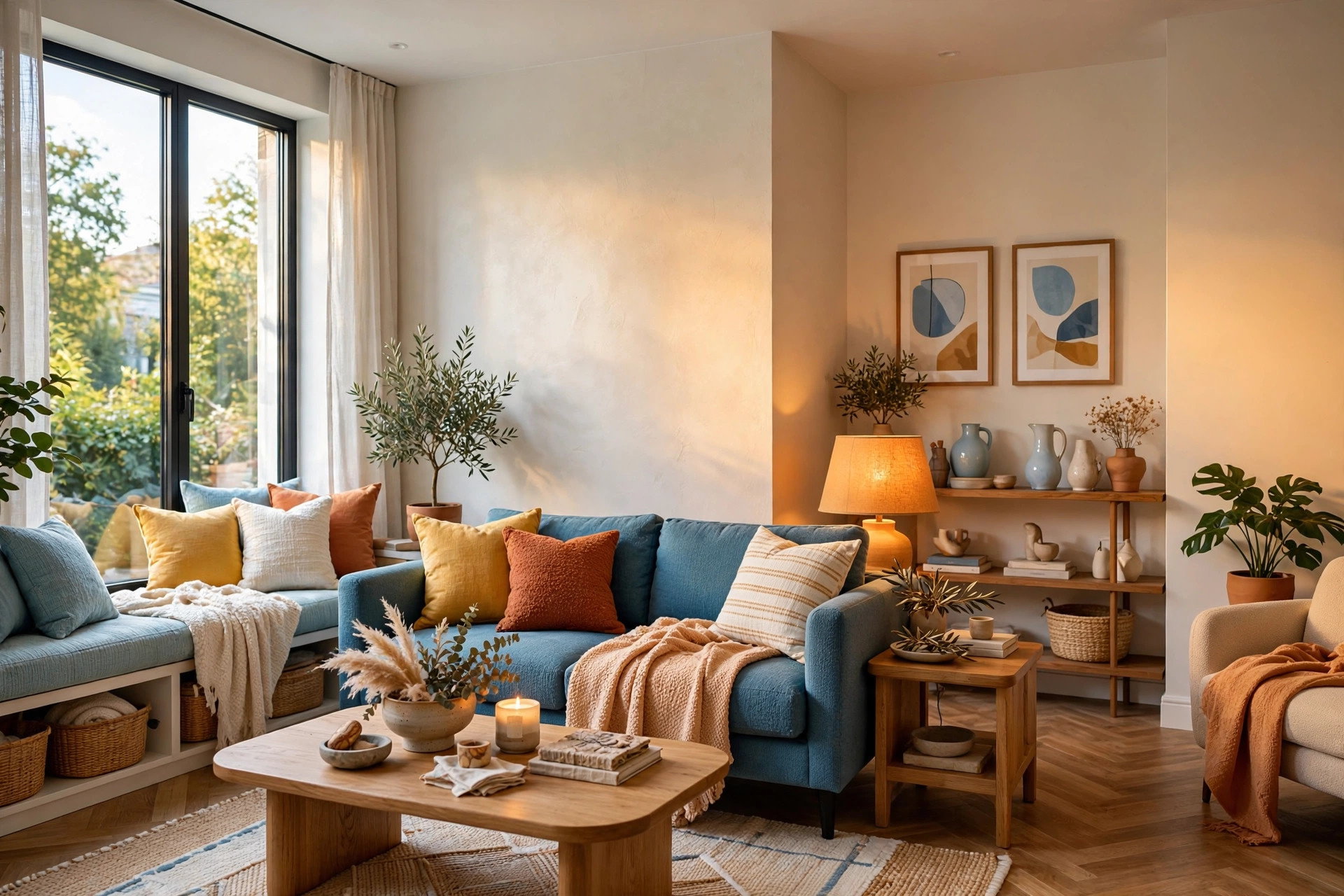 Table lamp with warm amber linen lampshade glowing beside sofa, honey-toned light washing the wall behind