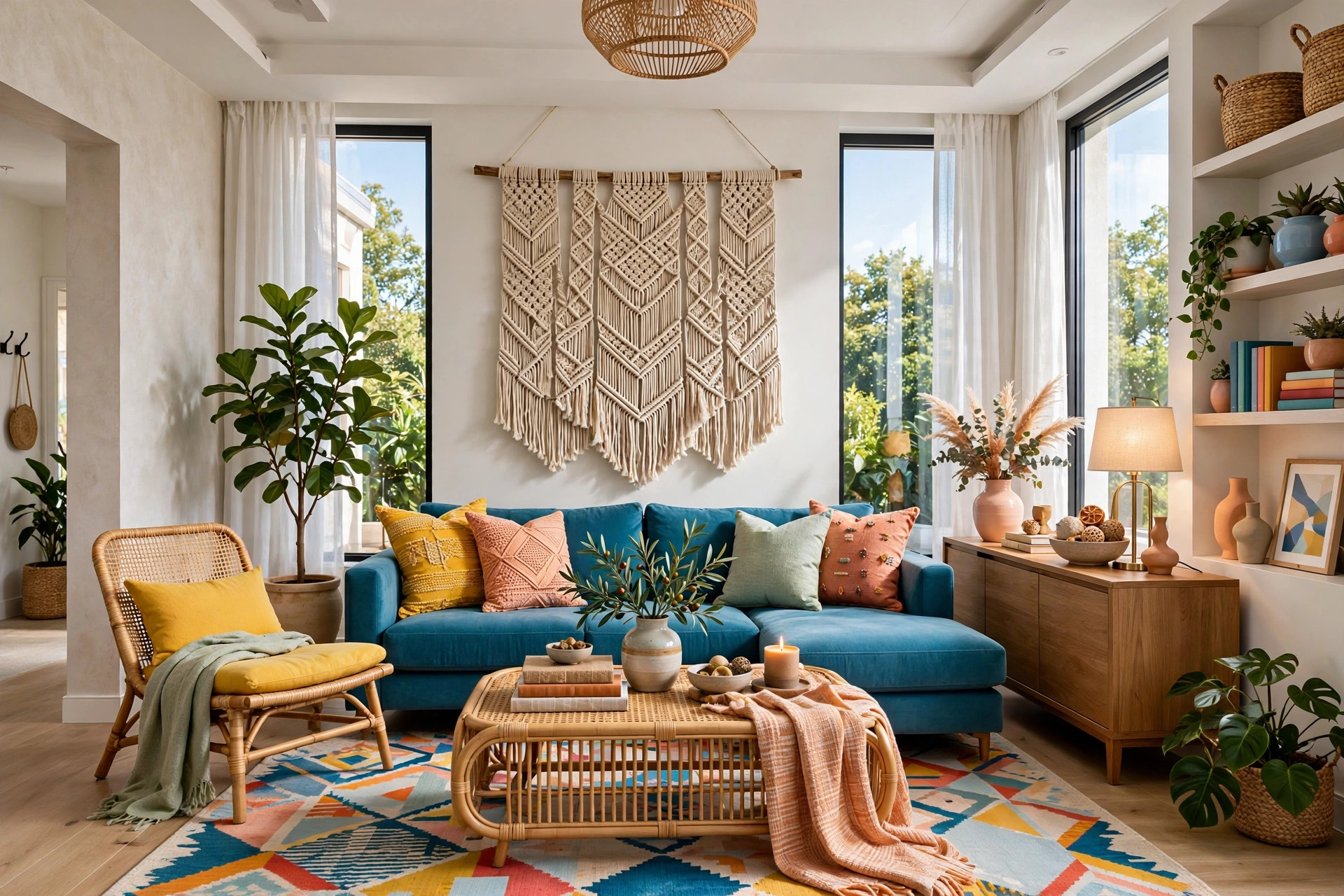 Large woven macramé wall hanging in natural fibers above sofa, softening the wall and adding texture at eye level
