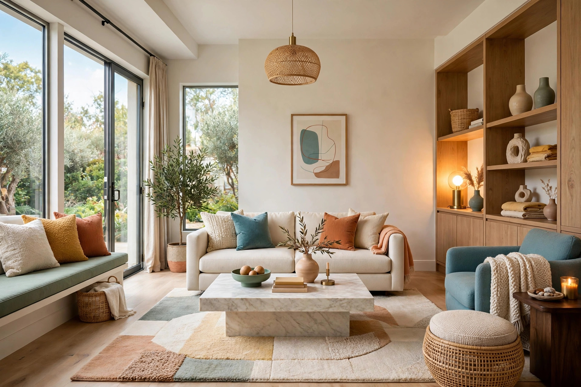 Edited, calm living room: clear surfaces, breathing room around furniture, layered textures glowing in warm lamplight