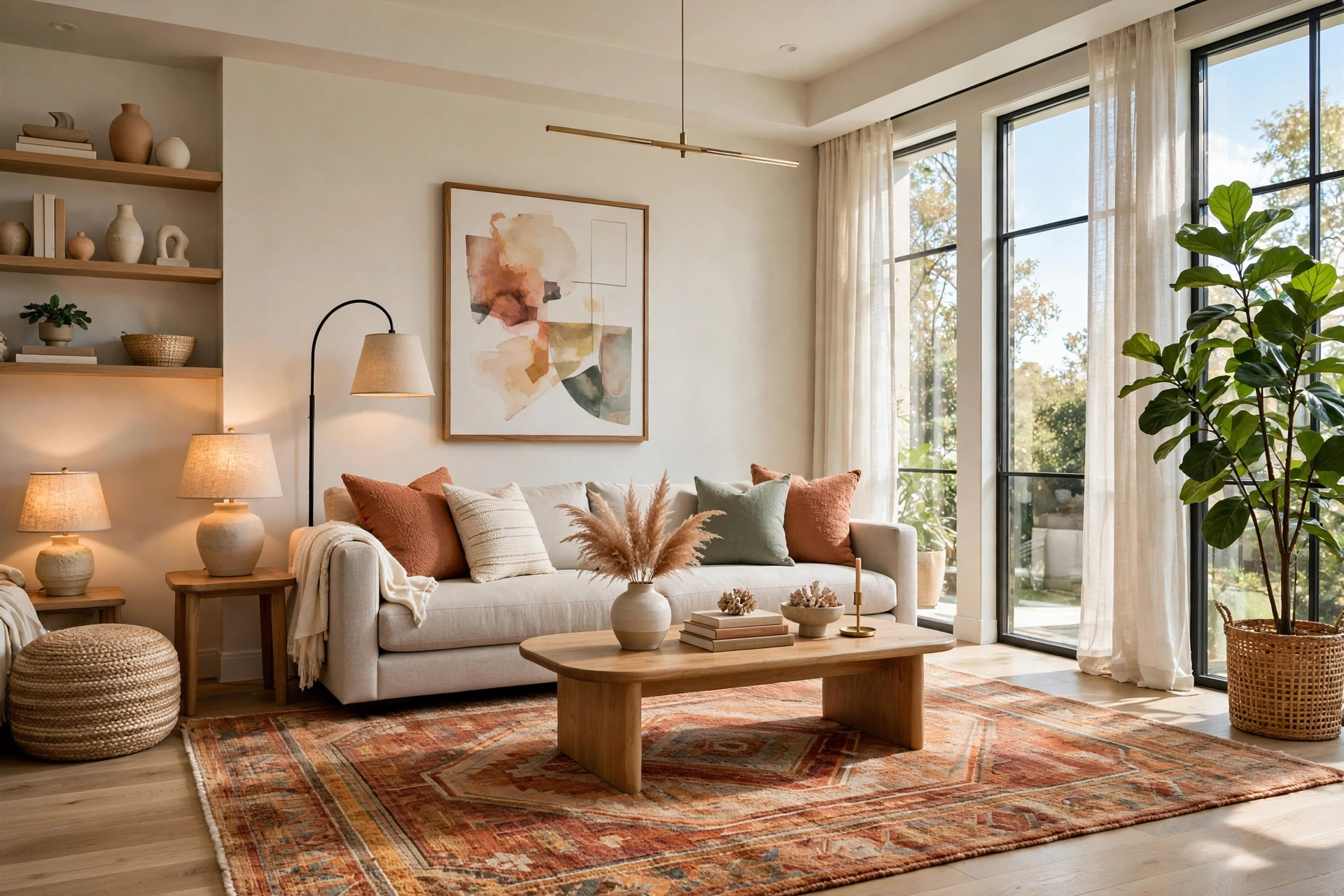 Wide bright modern living room with a low-profile neutral sofa, layered floor and table lamps, a large warm-toned area rug, and a tall leafy plant beside the window