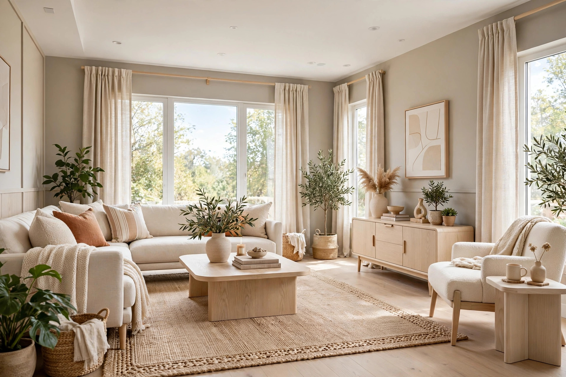 Modern living room in warm white and greige with linen curtains, a jute rug, and pale oak furniture, whole room visible
