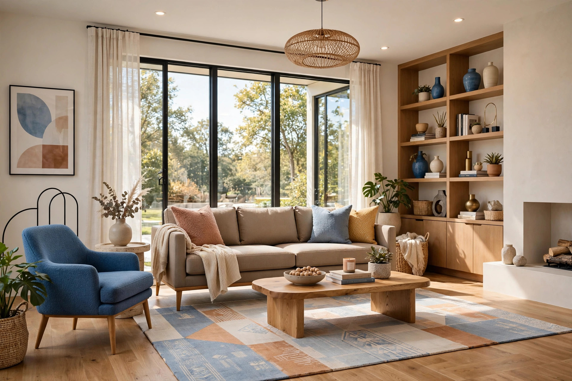 Modern living room anchored by a low-profile tailored sofa in warm neutral fabric with tapered legs and structured cushions