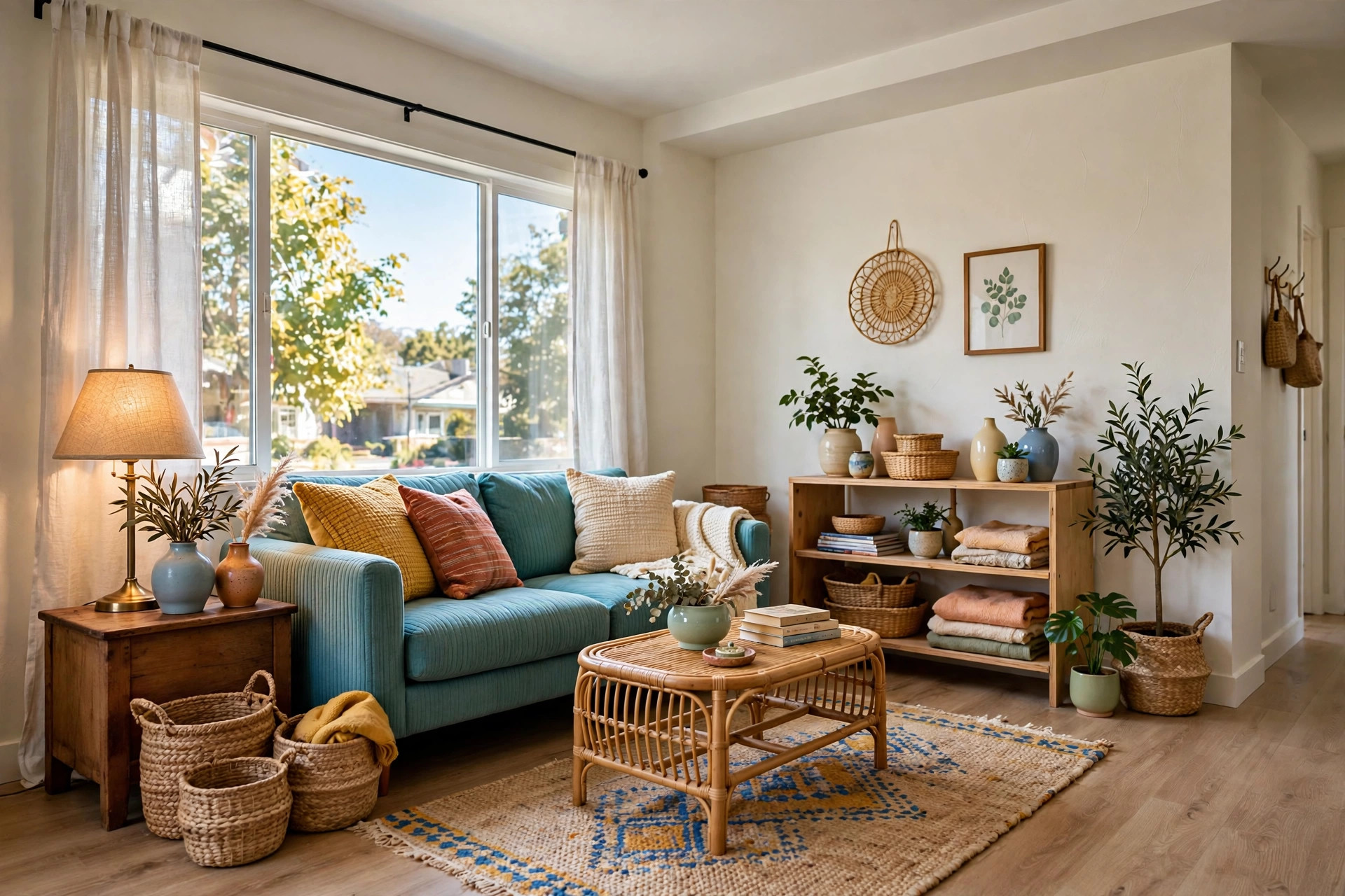 Budget-styled modern living room with a thrifted solid-wood side table, ceramic vases, woven baskets, and a secondhand lamp