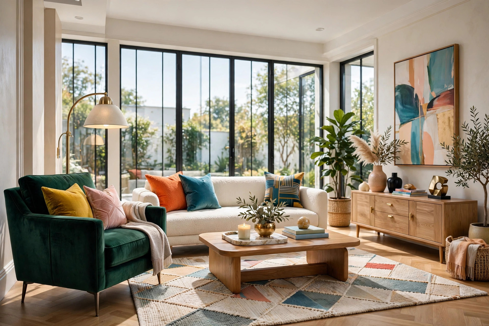 Luxe modern living room with a marble-look tray on the coffee table, a deep velvet armchair, and a brushed-brass floor lamp