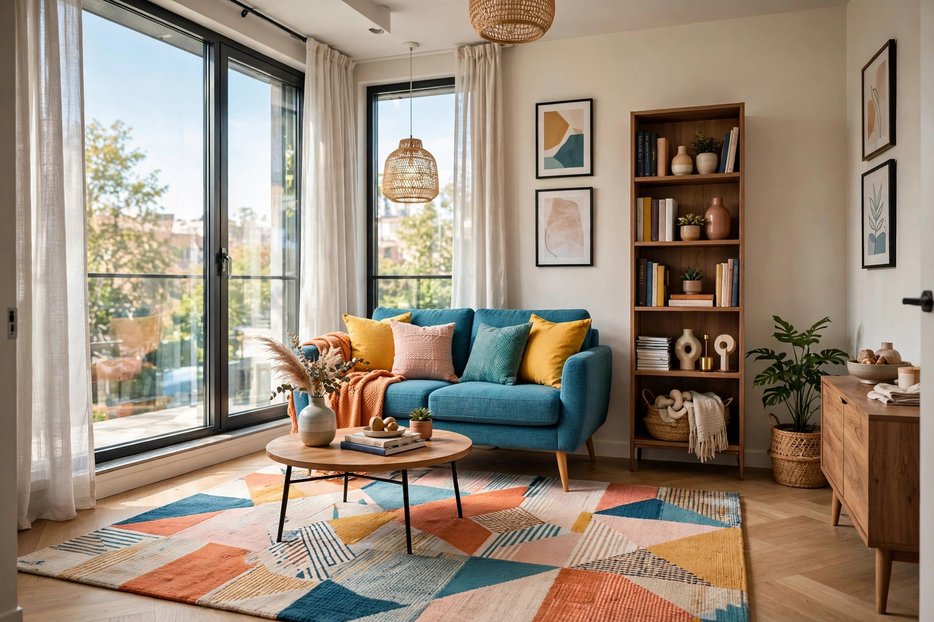 Compact modern living room with an apartment-scale sofa on tapered legs, one large rug, and a tall narrow bookcase