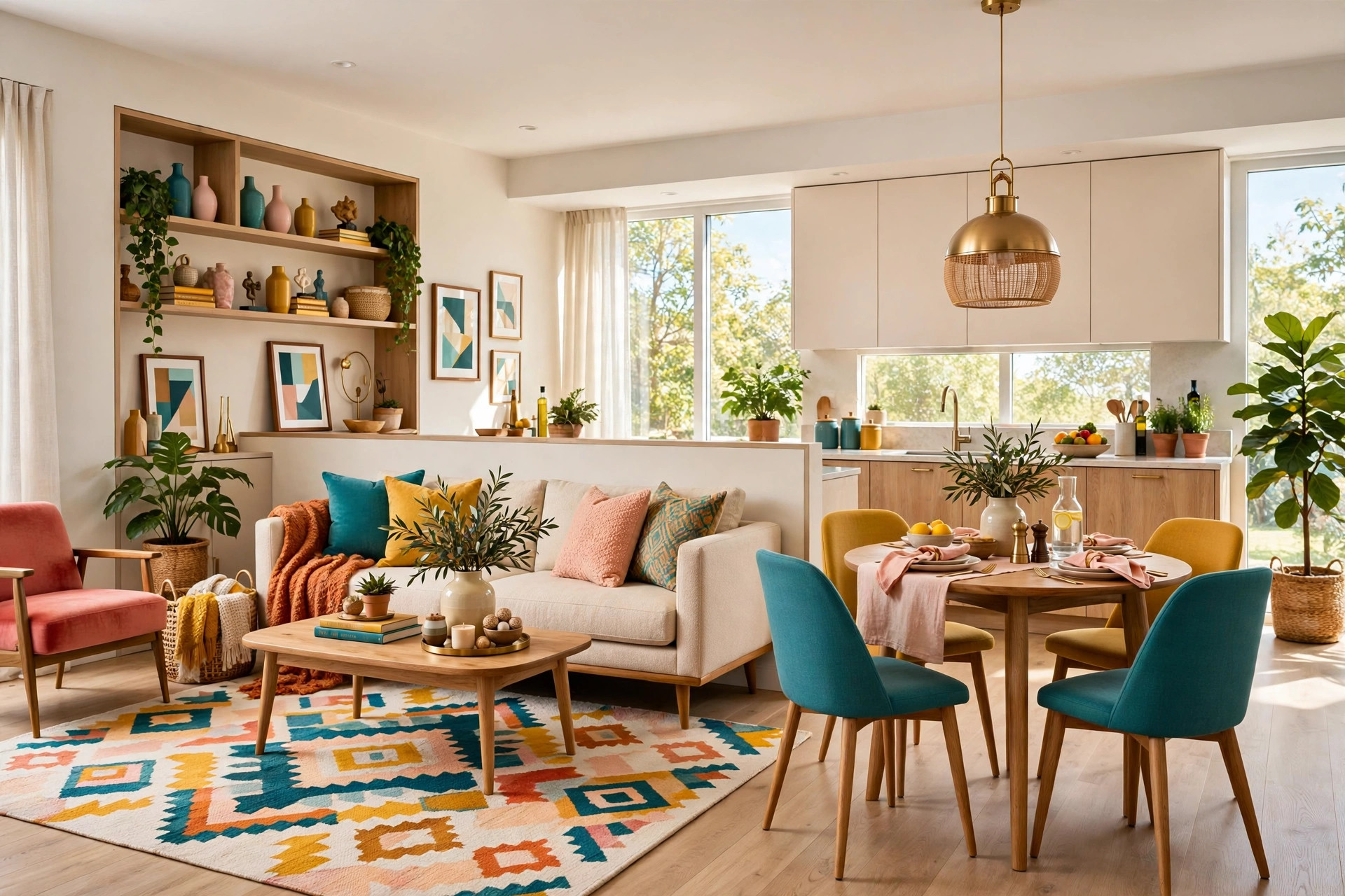 Open-plan modern living space zoned with an area rug, a sofa-back divider, and a pendant light over a small dining table