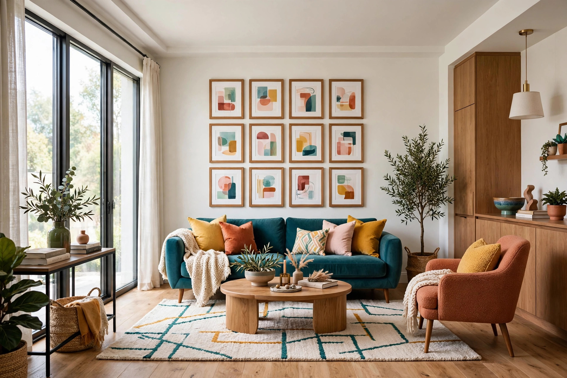 Modern living room with a tight gallery wall of matching frames hung above the sofa, centered at eye level