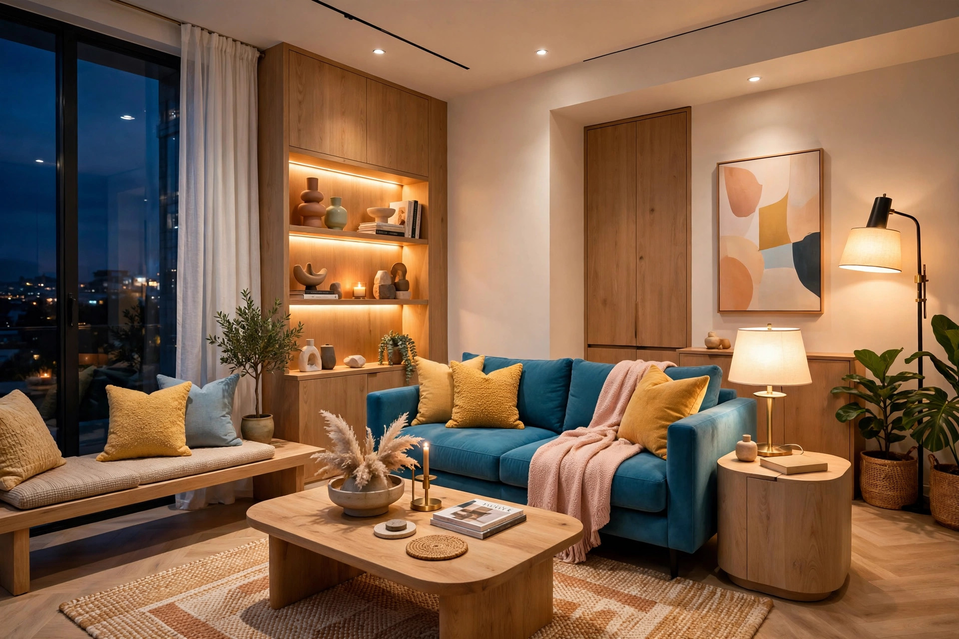 Modern living room lit in layers with a floor lamp, a table lamp, and a small shelf glow, all warm white with dimmers
