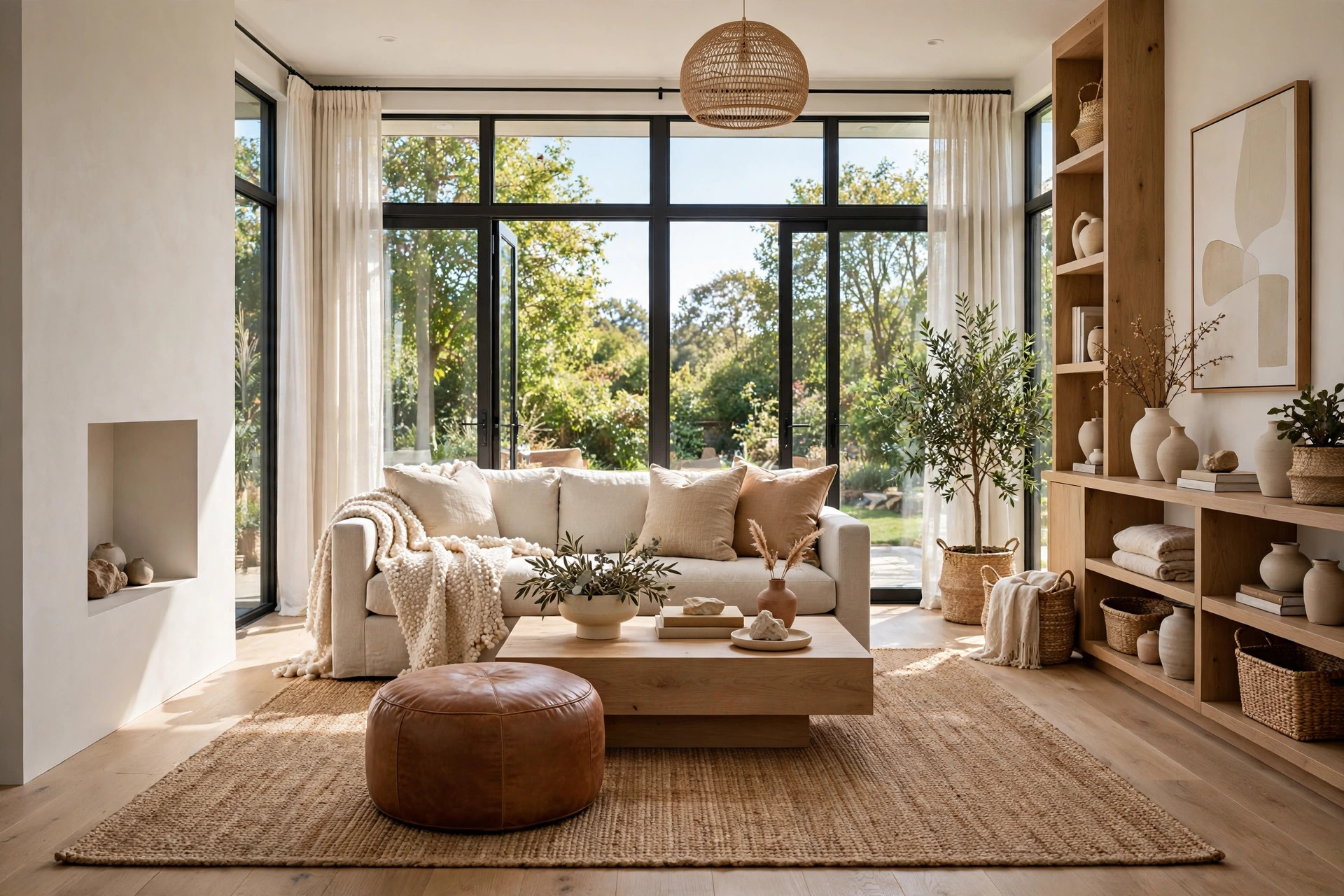 Neutral modern living room mixing a bouclé throw, linen sofa, jute rug, and leather ottoman in one calm palette