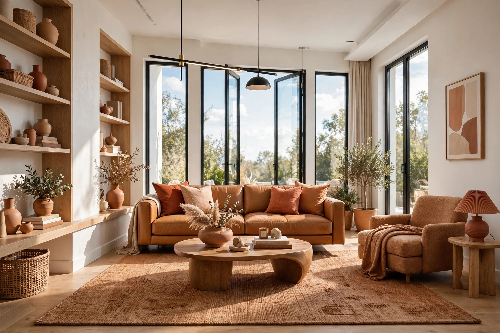 Modern living room showing the 60-30-10 rule: warm white walls, caramel sofa and rug, terracotta accent cushions